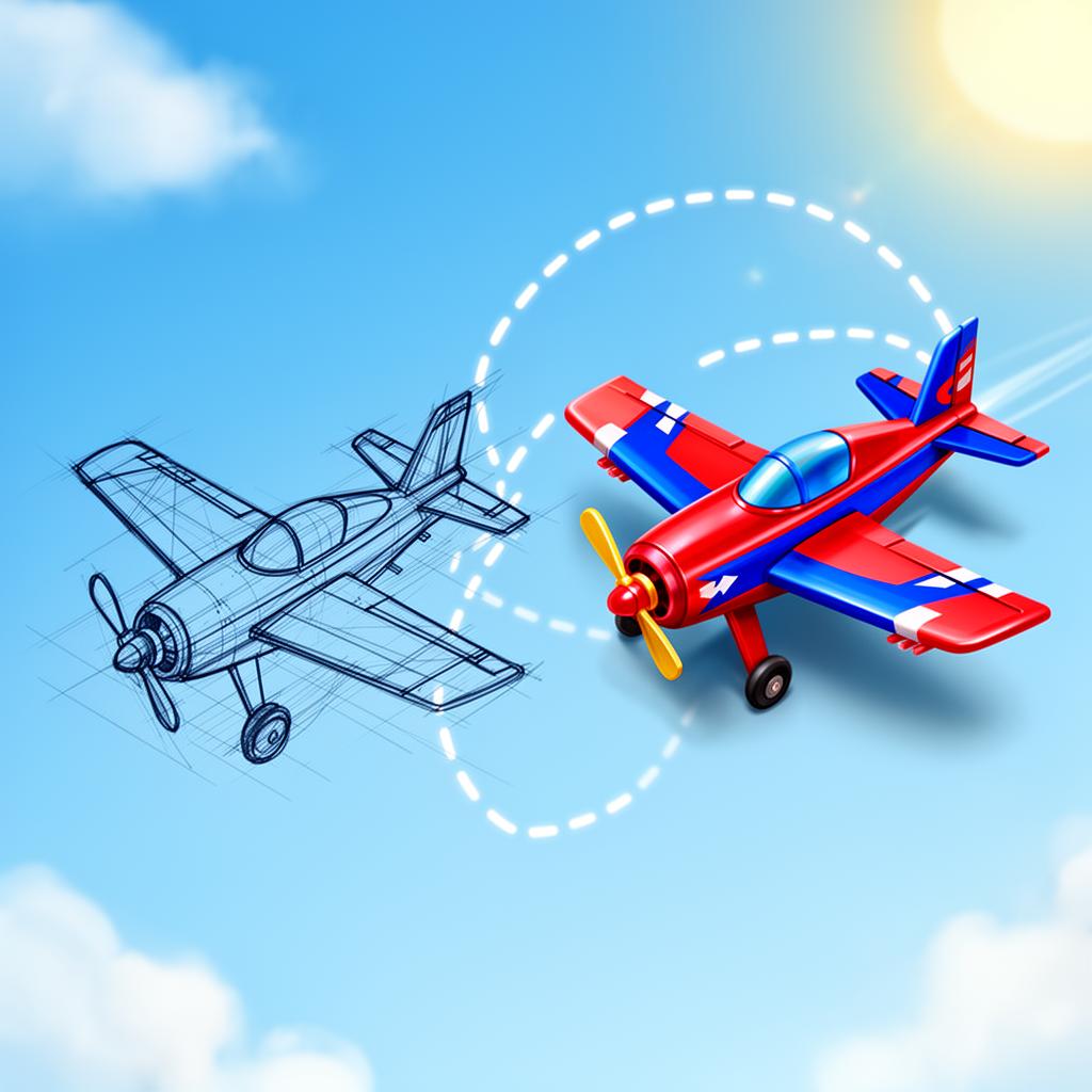 An RC airplane blueprint morphing into a finished red and blue toy plane
